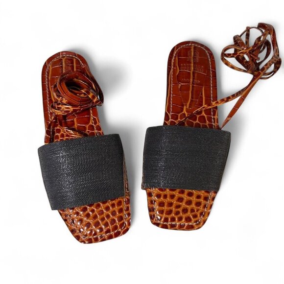 Brunello Cucinelli Women's Orange & Brown Croc Embossed Flat Sandals Sz 37 NWOB - Picture 4 of 16